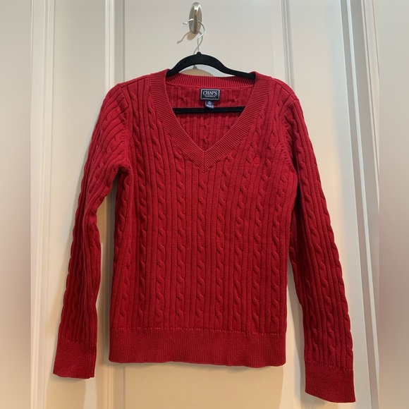 CHAPS VNeck Cable sweater size Xlarge Red 100% Cotton Armpit To Armpit 23” - Picture 1 of 5